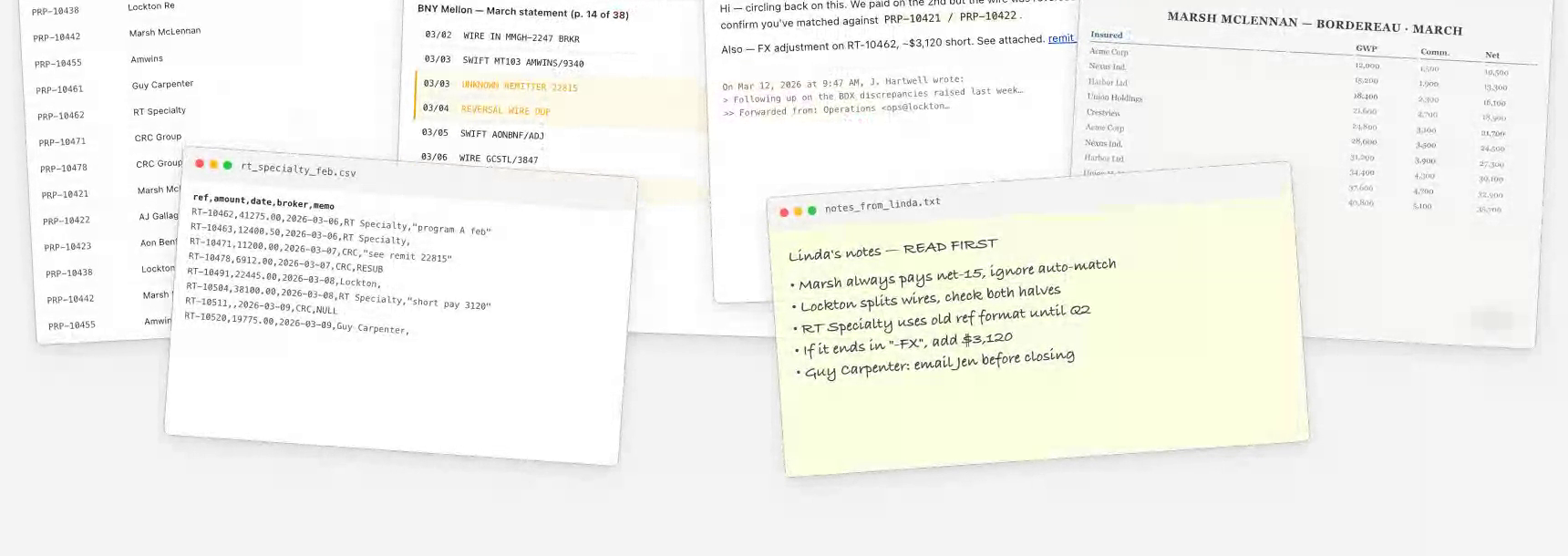 Broker submissions as they arrive: spreadsheets, PDFs, email threads and handwritten notes, each in its own layout